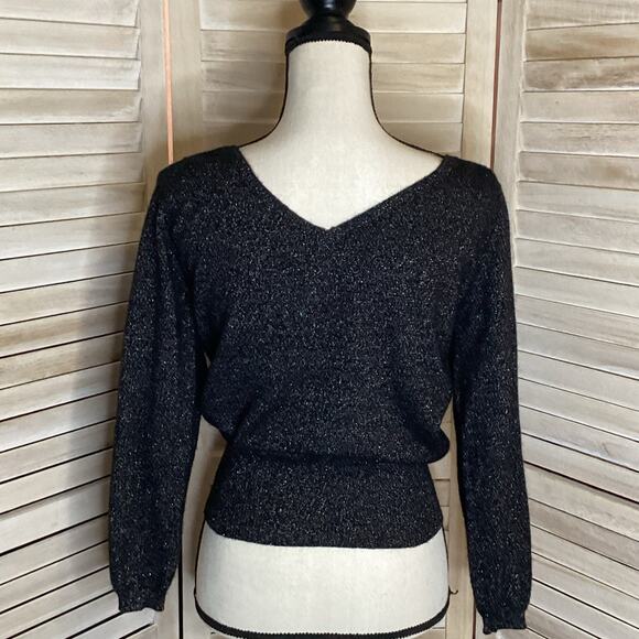 Jumper 1234 Black Multi Color Metallic Shimmer Double V Neck Cashmere Sweater S - Picture 2 of 8